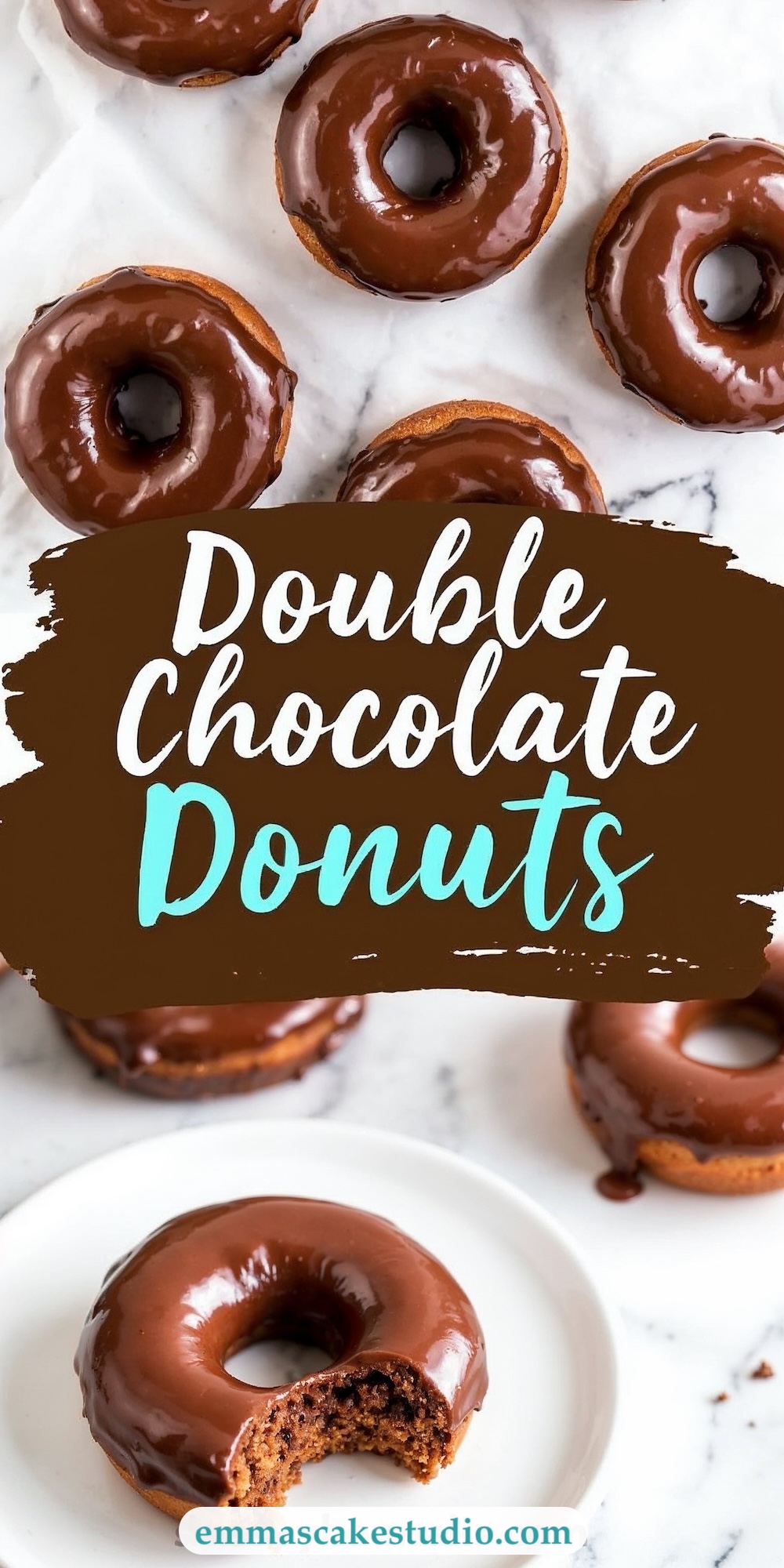 Overhead view of glossy double chocolate donuts on a white marble surface, with their rich chocolate glaze creating a shiny finish. One donut on a white plate has a bite taken, revealing its soft, chocolatey interior. Text overlay highlights “Double Chocolate Donuts,” showcasing the indulgent dessert.
