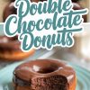 A collage showcasing perfectly glazed chocolate donuts on parchment paper in the top view and a close-up of a bitten donut revealing the fluffy, rich chocolate interior below. The glossy chocolate glaze adds a shiny finish, with text overlay reading “Double Chocolate Donuts” in a bold and playful font.