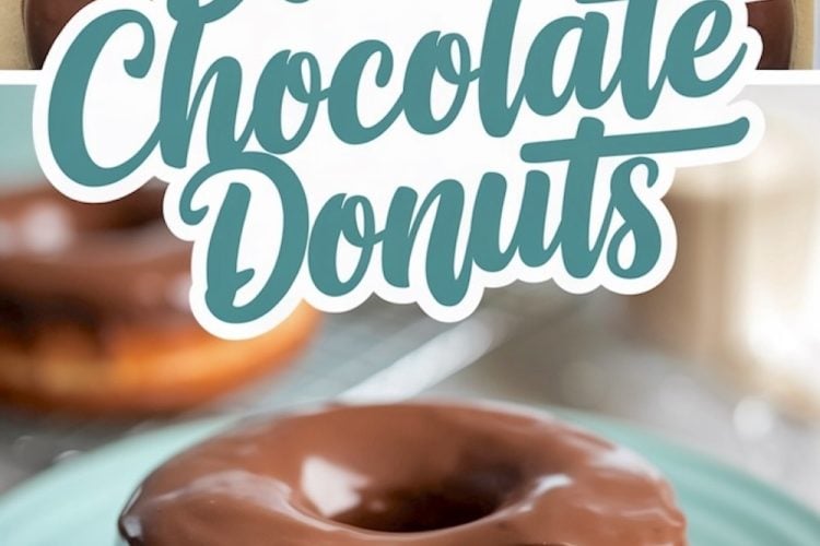A collage showcasing perfectly glazed chocolate donuts on parchment paper in the top view and a close-up of a bitten donut revealing the fluffy, rich chocolate interior below. The glossy chocolate glaze adds a shiny finish, with text overlay reading “Double Chocolate Donuts” in a bold and playful font.