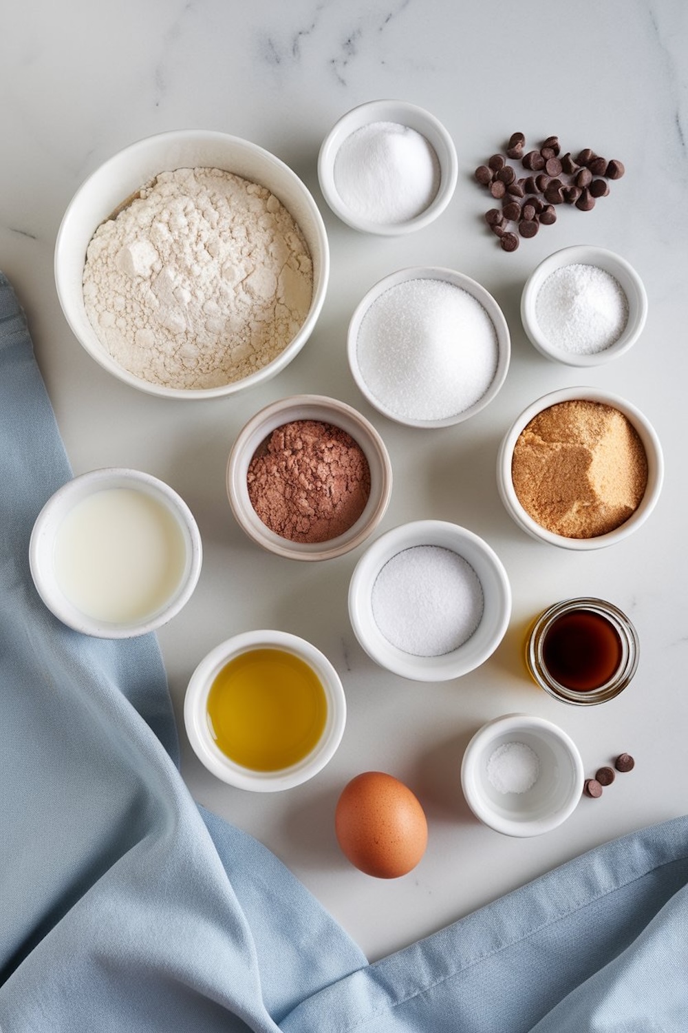 Neatly organized ingredients for chocolate donuts displayed on a white marble countertop. The layout includes flour, sugar, cocoa powder, chocolate chips, milk, vanilla extract, and eggs, each in small bowls. A light blue napkin adds a soft touch to the arrangement.
