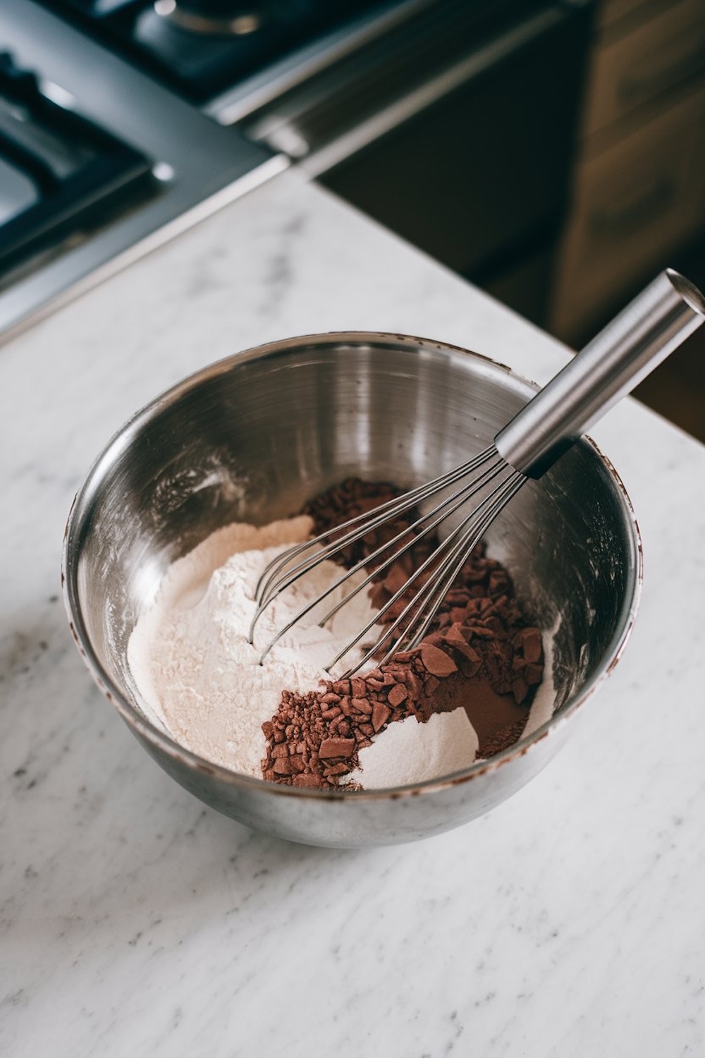 A metal mixing bowl filled with a combination of dry ingredients, including flour and cocoa powder, on a white marble countertop. A stainless steel whisk rests inside the bowl, ready for blending the ingredients into a smooth batter.