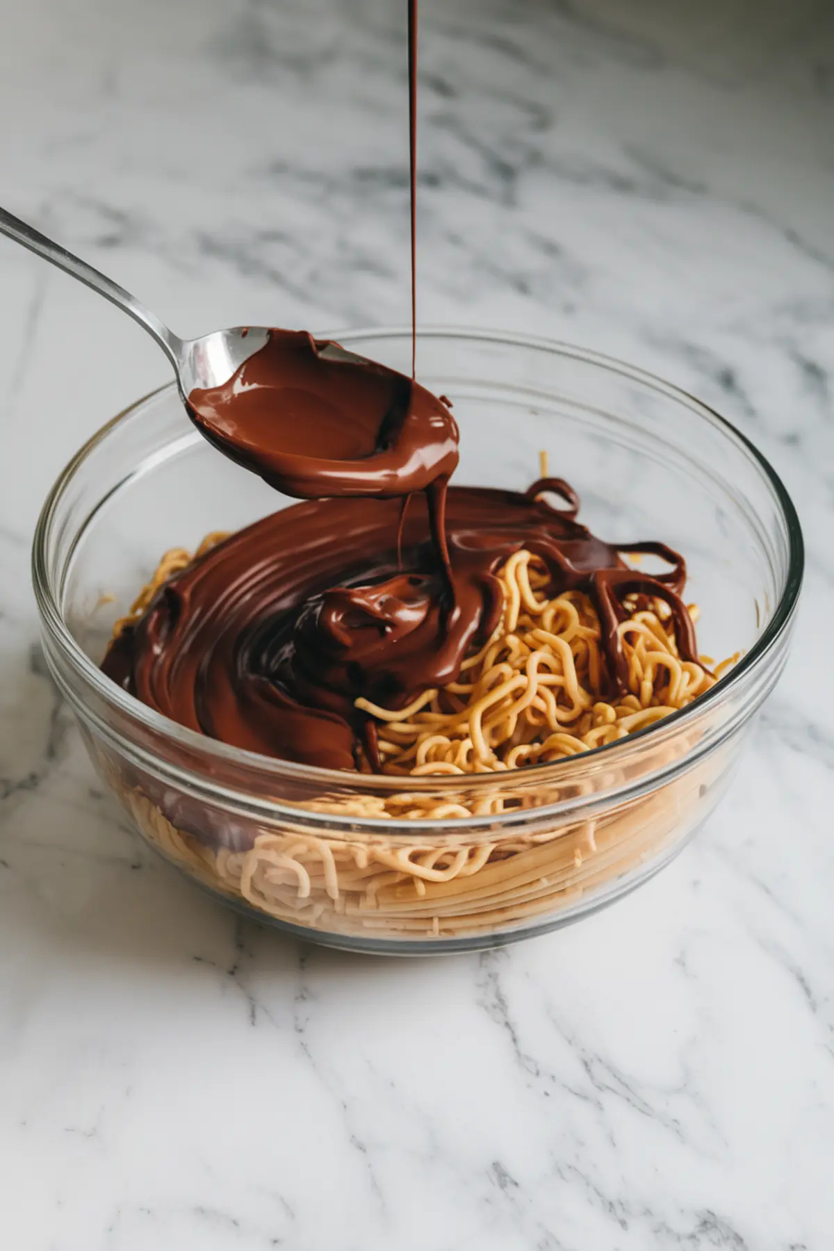 A close-up of melted chocolate being poured into a glass bowl filled with crispy chow mein noodles. A spoon is lifting the rich, glossy chocolate as it drizzles down, creating a smooth coating over the noodles.