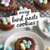 A collage of two images featuring chocolate bird nest cookies with pastel candy eggs. The top image shows multiple cookies on a cooling rack, decorated with chocolate frosting, colorful sprinkles, and candy eggs. The bottom image highlights a single cookie on a white plate, surrounded by additional candy eggs. A text overlay reads “Easy Bird Nests Cookies.”