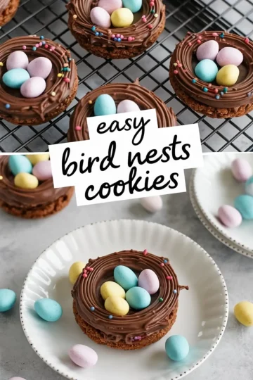 A collage of two images featuring chocolate bird nest cookies with pastel candy eggs. The top image shows multiple cookies on a cooling rack, decorated with chocolate frosting, colorful sprinkles, and candy eggs. The bottom image highlights a single cookie on a white plate, surrounded by additional candy eggs. A text overlay reads “Easy Bird Nests Cookies.”