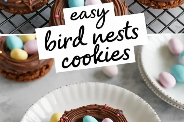 A collage of two images featuring chocolate bird nest cookies with pastel candy eggs. The top image shows multiple cookies on a cooling rack, decorated with chocolate frosting, colorful sprinkles, and candy eggs. The bottom image highlights a single cookie on a white plate, surrounded by additional candy eggs. A text overlay reads “Easy Bird Nests Cookies.”
