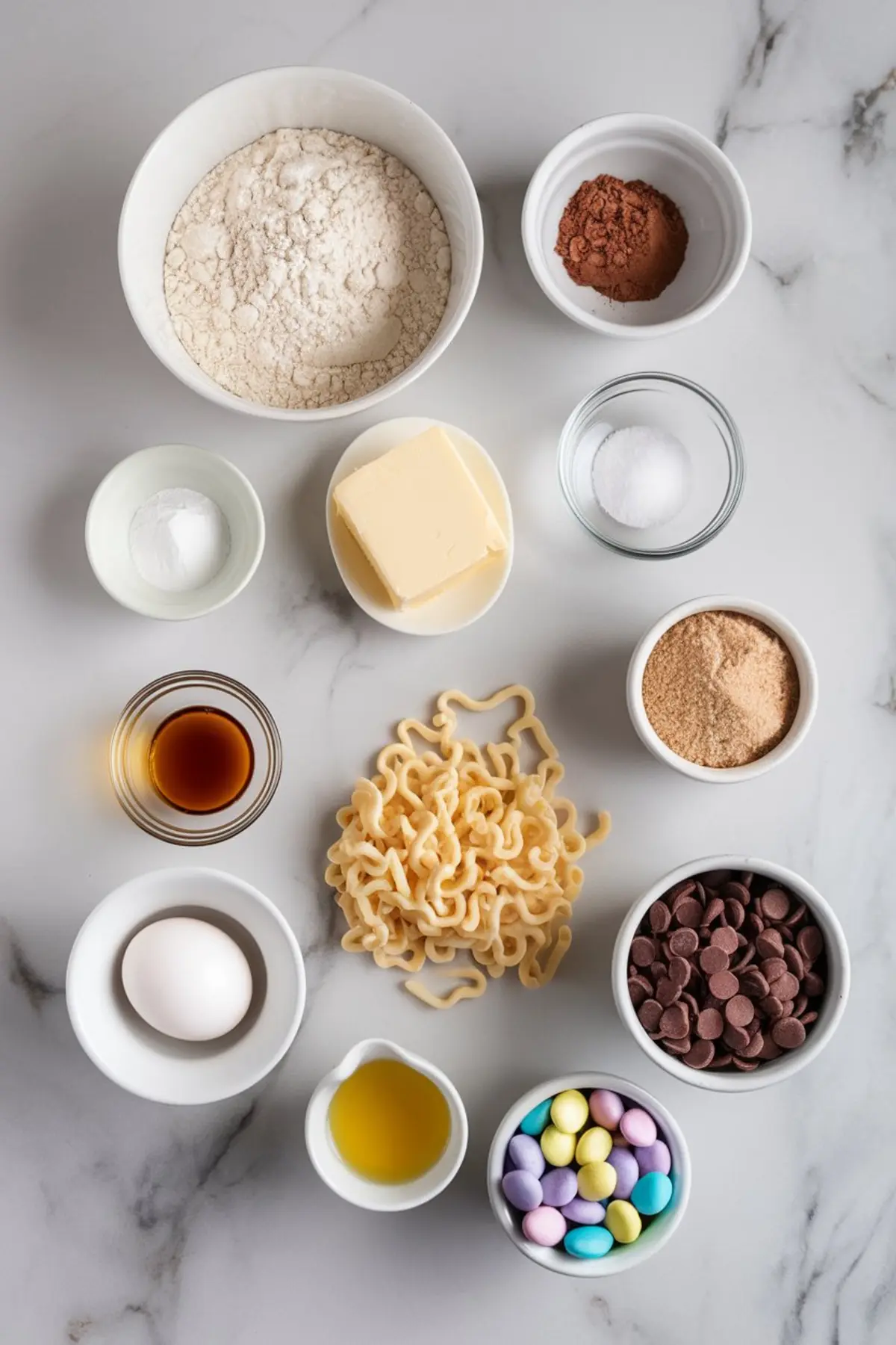A flat lay of baking ingredients on a marble countertop, including flour, cocoa powder, butter, sugar, vanilla extract, an egg, chocolate chips, crispy noodles, and pastel candy eggs. The ingredients are neatly arranged in small bowls, showcasing the essentials for making chocolate bird nest cookies.