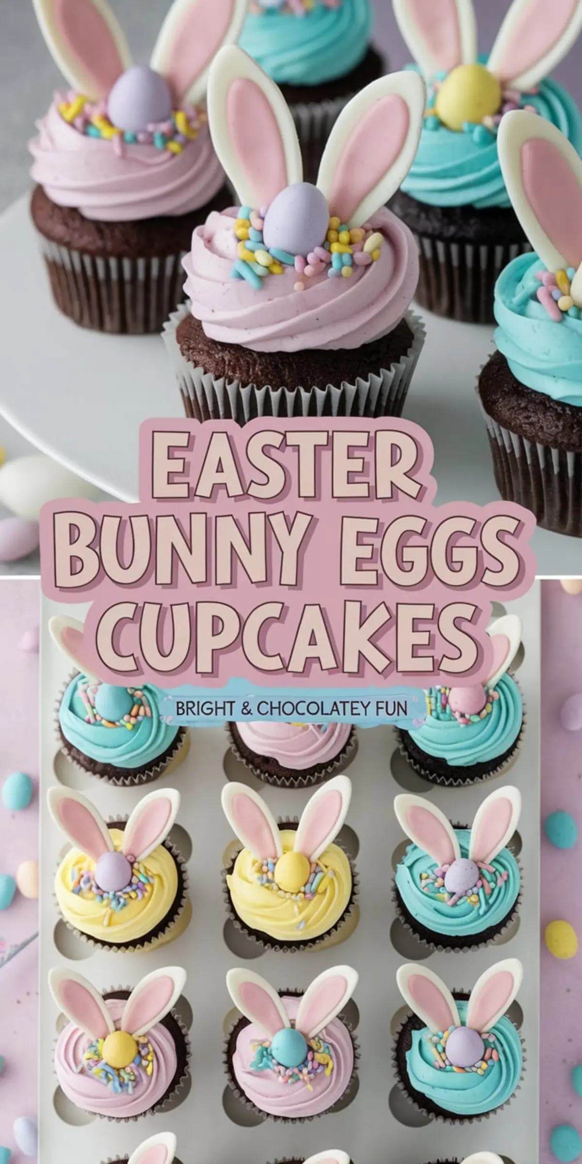 A close-up of Easter-themed cupcakes with pastel-colored frosting in pink and blue, decorated with candy bunny ears, mini chocolate eggs, and colorful sprinkles. The cupcakes are chocolate-based and placed on a white cake stand. Text overlay reads “Easter Bunny Eggs Cupcakes - Bright & Chocolatey Fun.”