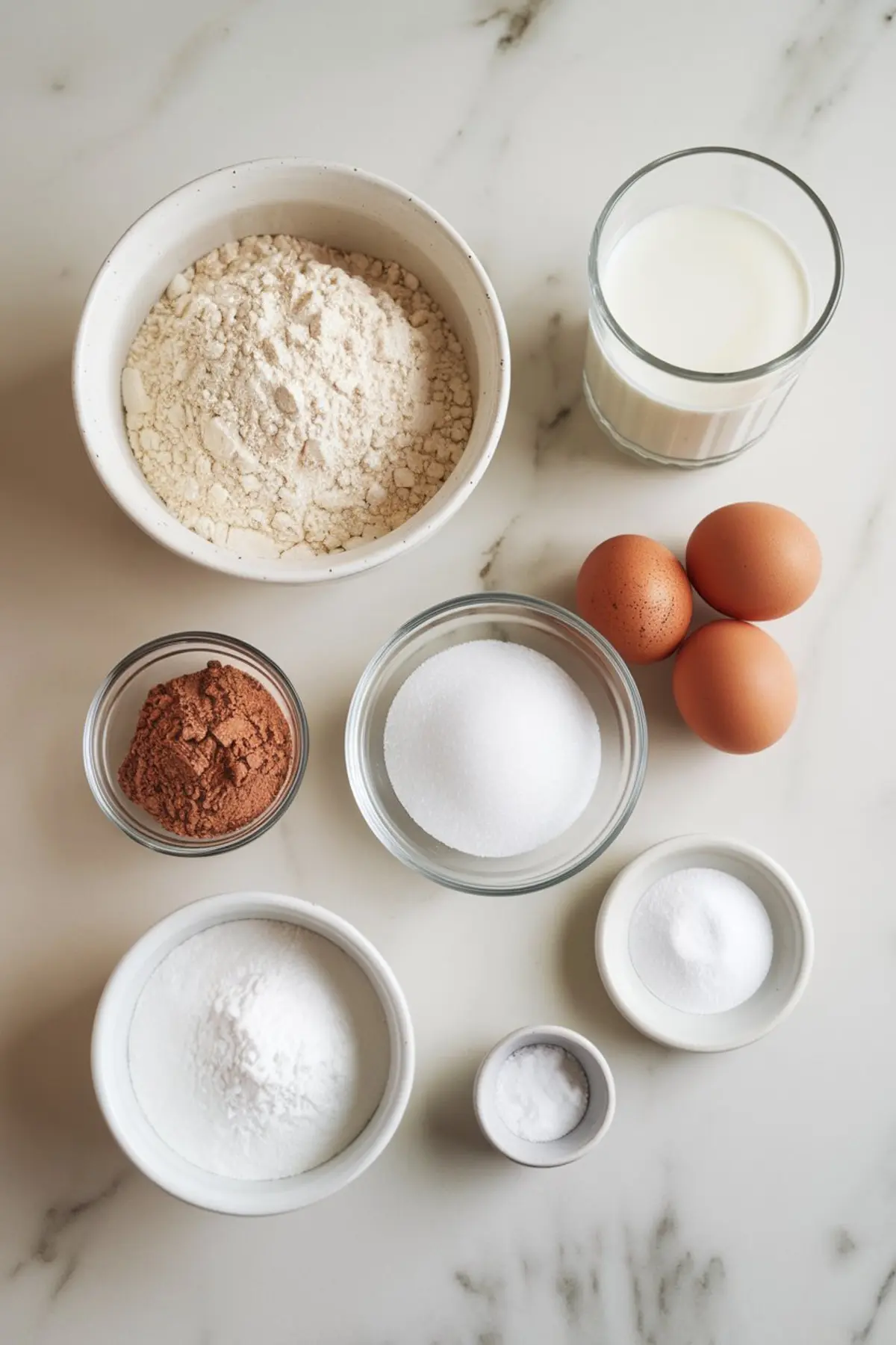 A flat lay of baking ingredients on a white marble countertop. The ingredients include flour, cocoa powder, sugar, eggs, milk, baking powder, baking soda, and salt, all arranged in bowls and glass containers.