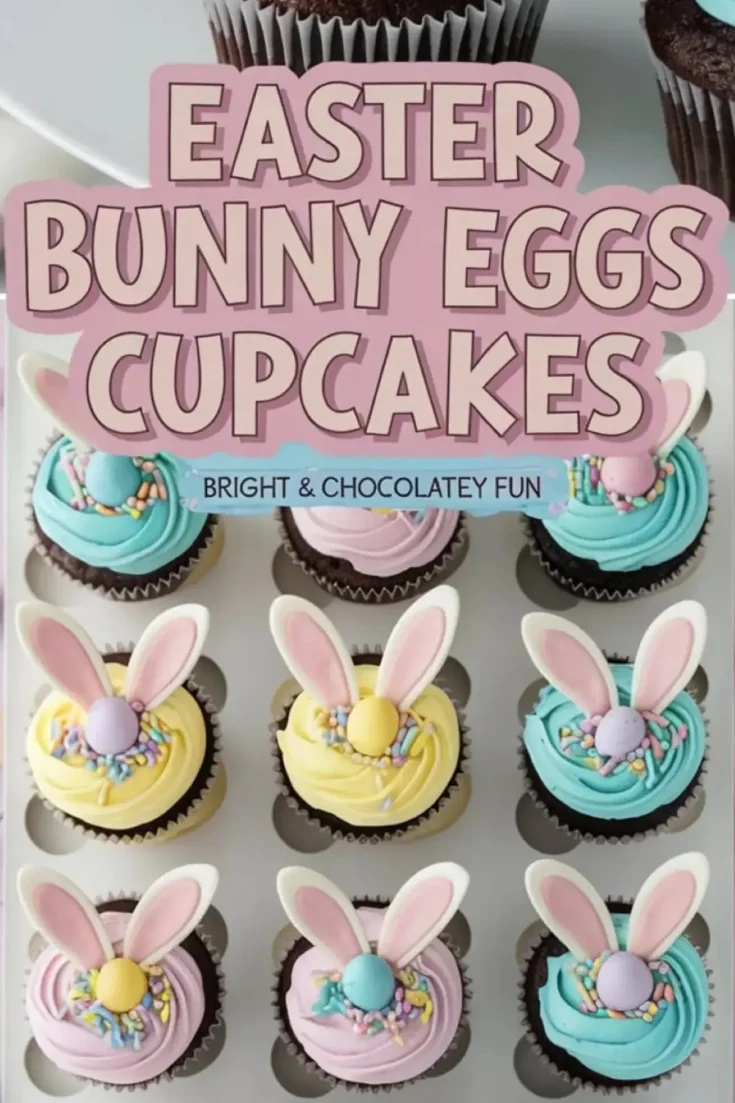 A bakery box filled with decorated Easter cupcakes in pastel pink, blue, and yellow frosting, each topped with candy bunny ears, mini chocolate eggs, and colorful sprinkles. A text overlay reads “Easter Bunny Eggs Cupcakes - Bright & Chocolatey Fun.”