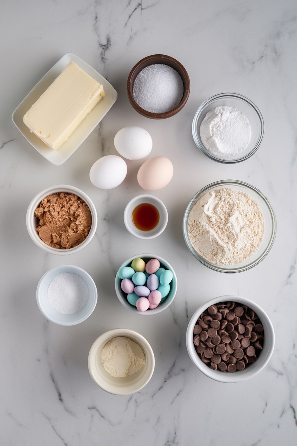A flat lay of ingredients for the Easter cookie cake, including butter, eggs, brown sugar, granulated sugar, vanilla extract, flour, baking powder, pastel candy eggs, and chocolate chips, arranged on a white marble countertop.