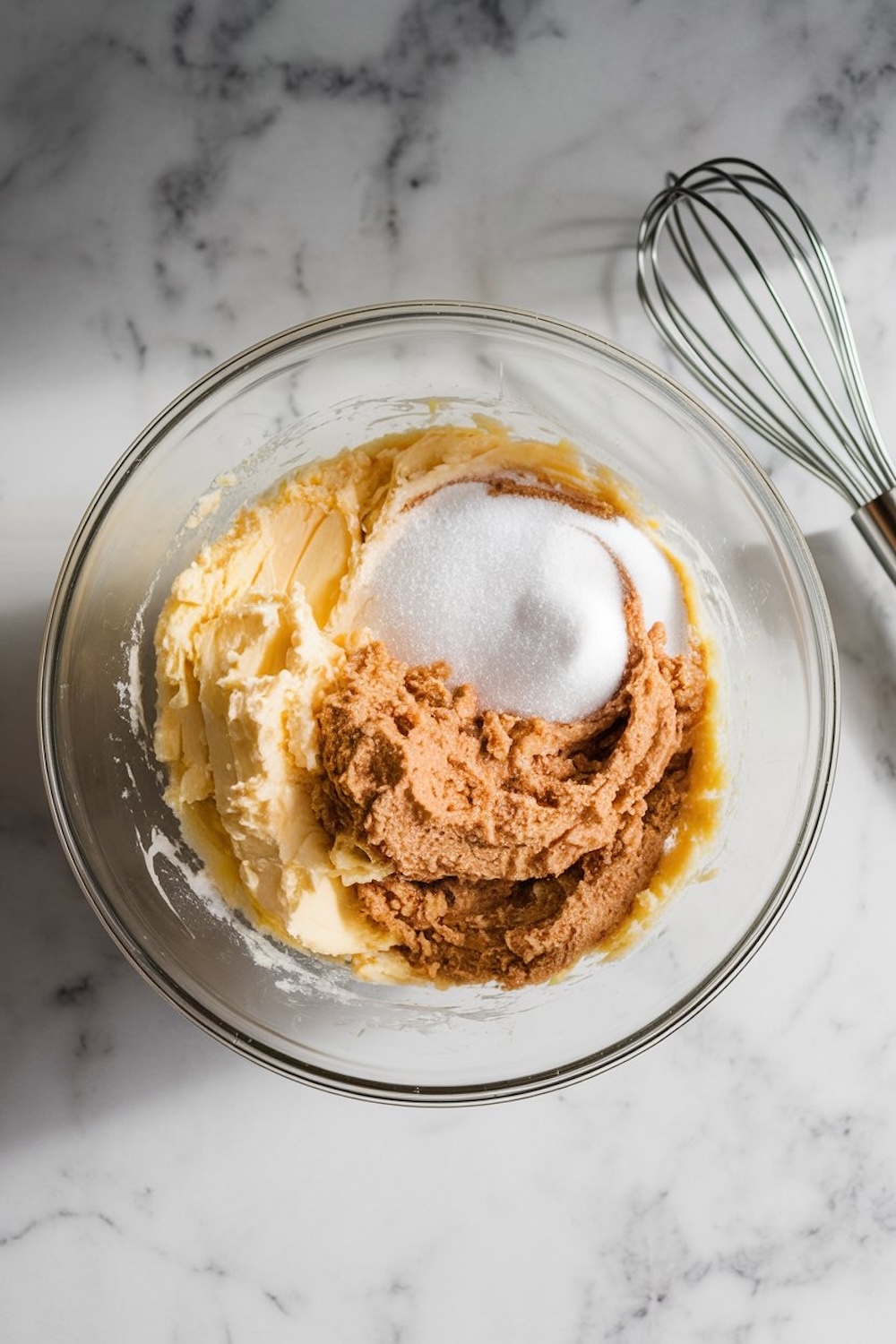 A mixing bowl containing creamed butter, brown sugar, and granulated sugar, ready to be mixed, with a wire whisk placed beside the bowl on a white marble surface.