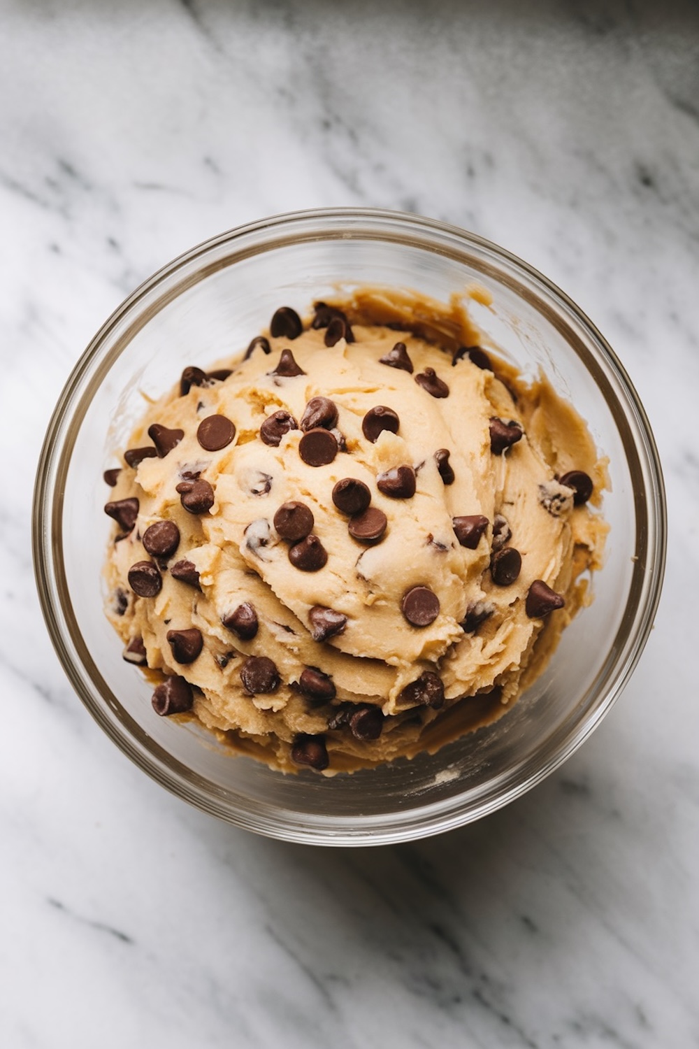 A bowl of cookie dough mixed with chocolate chips, ready for baking, placed on a white marble countertop.