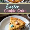A collage showcasing an Easter cookie cake in a round pan decorated with colorful candy eggs on top, paired with a slice of the cake on a white plate. The cake slice is moist and filled with chocolate chips, topped with pastel candy eggs.
