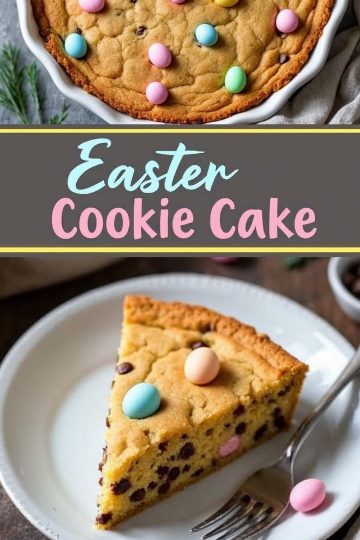 A collage showcasing an Easter cookie cake in a round pan decorated with colorful candy eggs on top, paired with a slice of the cake on a white plate. The cake slice is moist and filled with chocolate chips, topped with pastel candy eggs.