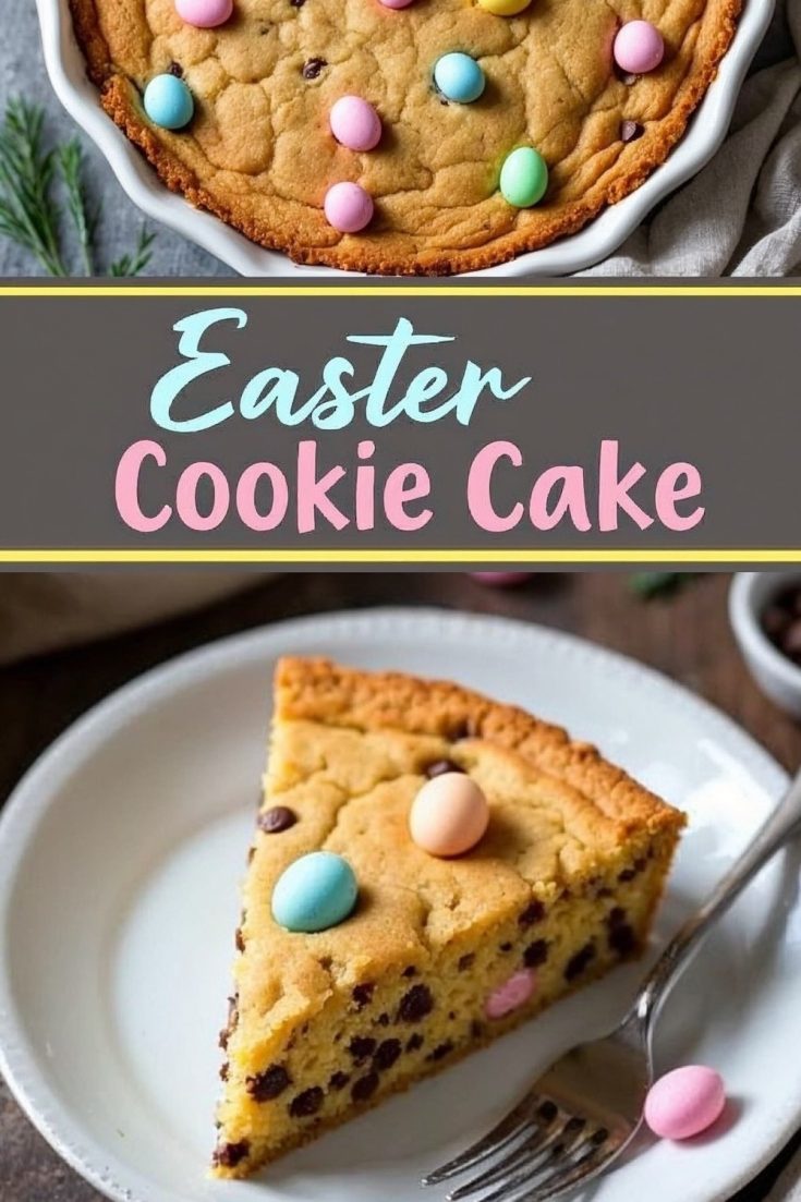 A collage showcasing an Easter cookie cake in a round pan decorated with colorful candy eggs on top, paired with a slice of the cake on a white plate. The cake slice is moist and filled with chocolate chips, topped with pastel candy eggs.