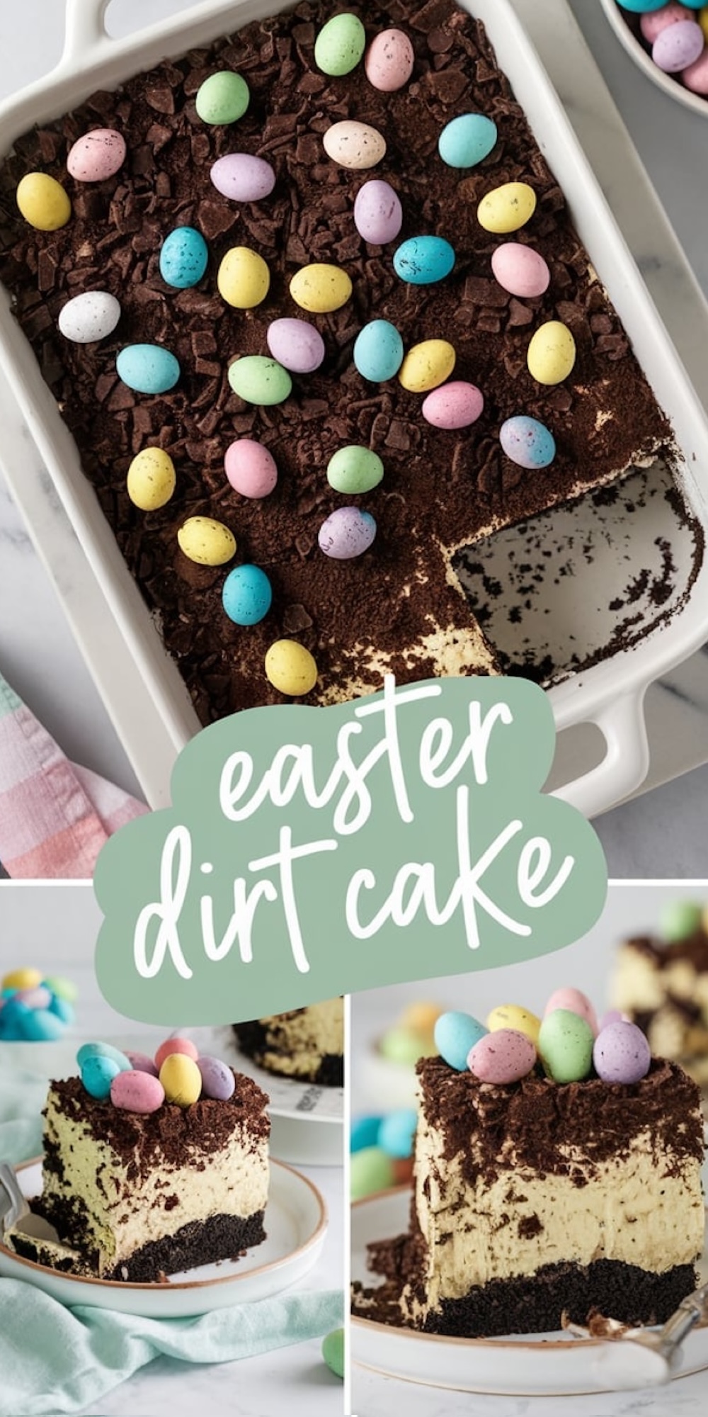 A rectangular dessert dish with a creamy Easter dirt cake. The cake is topped with a layer of crushed chocolate cookies, colorful candy eggs in pastel shades, and chocolate shavings. A section of the cake is cut out and served on the bottom of the image, revealing its rich chocolate crust and fluffy cream layers.