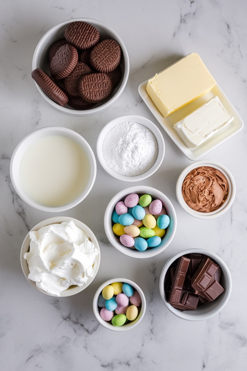 A flat lay of Easter dirt cake ingredients arranged on a marble surface. The items include bowls of chocolate cookies, colorful candy eggs, whipped topping, powdered sugar, cream cheese, butter, milk, chocolate shavings, and chocolate pudding mix.