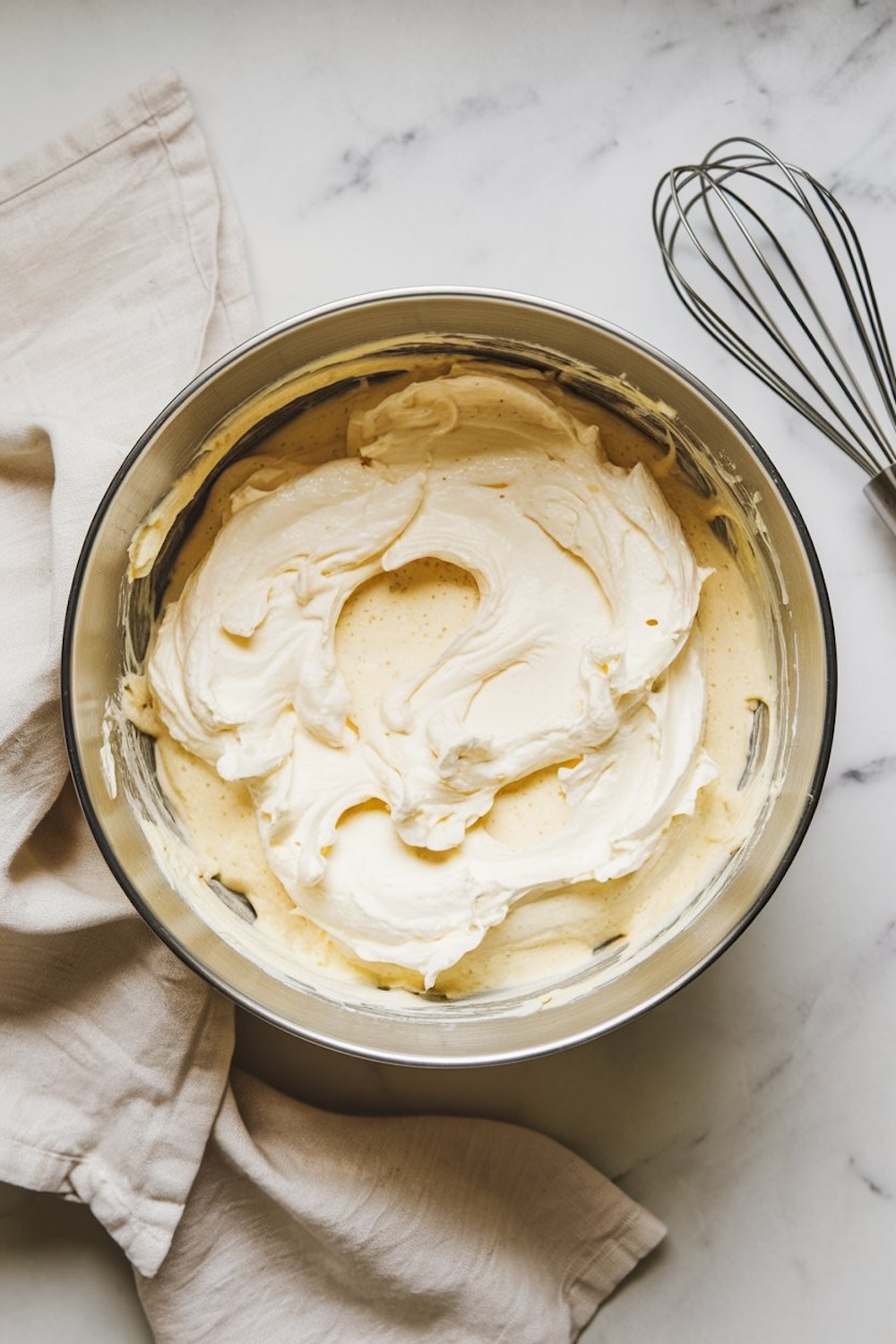 A metal mixing bowl containing creamy batter for the Easter dirt cake. The batter has a smooth, whipped texture. A whisk and a beige kitchen towel are placed nearby on a marble surface.