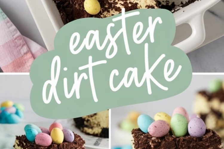 A rectangular dessert dish with a creamy Easter dirt cake. The cake is topped with a layer of crushed chocolate cookies, colorful candy eggs in pastel shades, and chocolate shavings. A section of the cake is cut out, revealing its rich chocolate crust and fluffy cream layers.