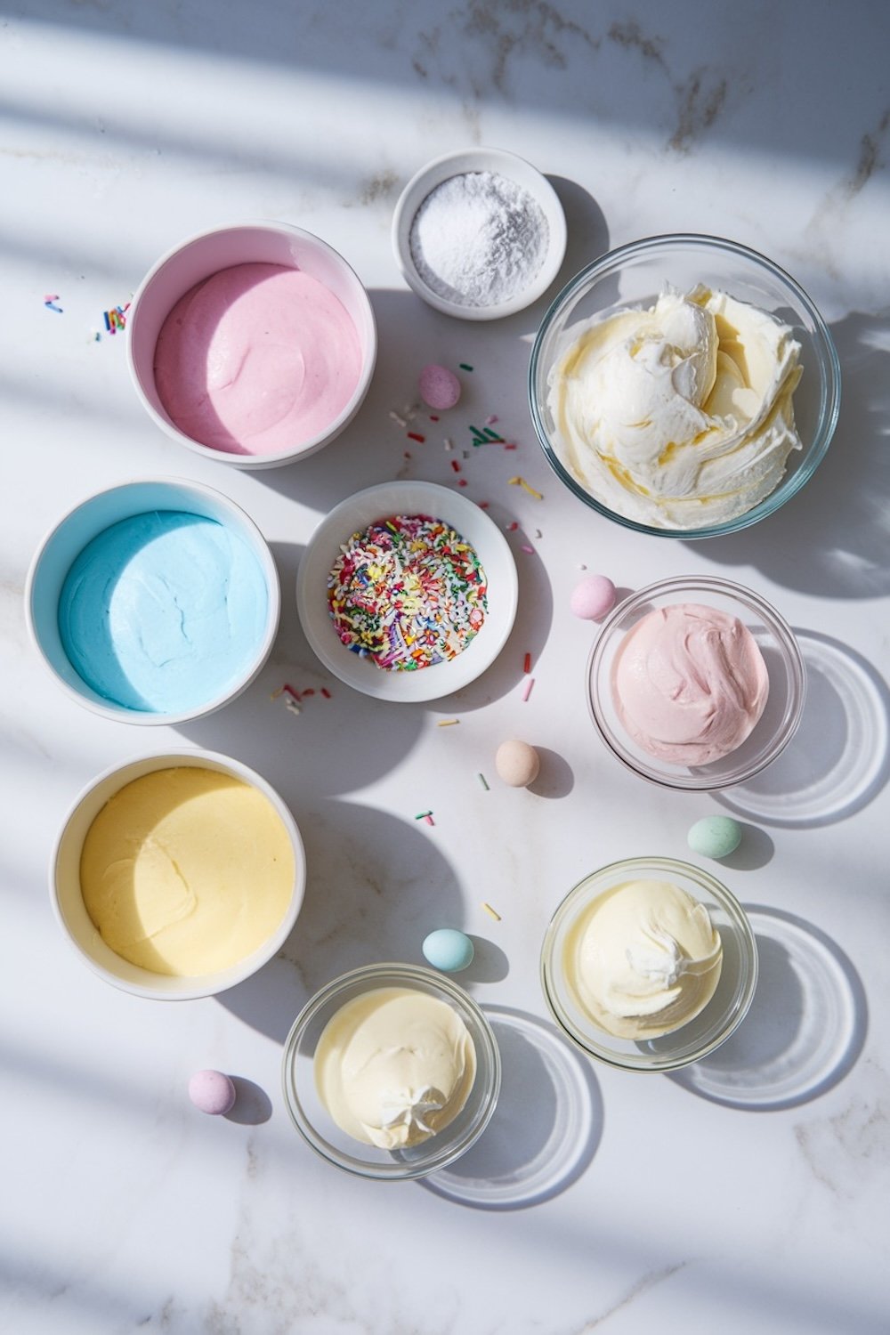 Overhead view of pastel-colored frosting in bowls on a white marble surface, surrounded by sprinkles, powdered sugar, and candy-coated chocolate eggs. Colors include pink, blue, yellow, and white.