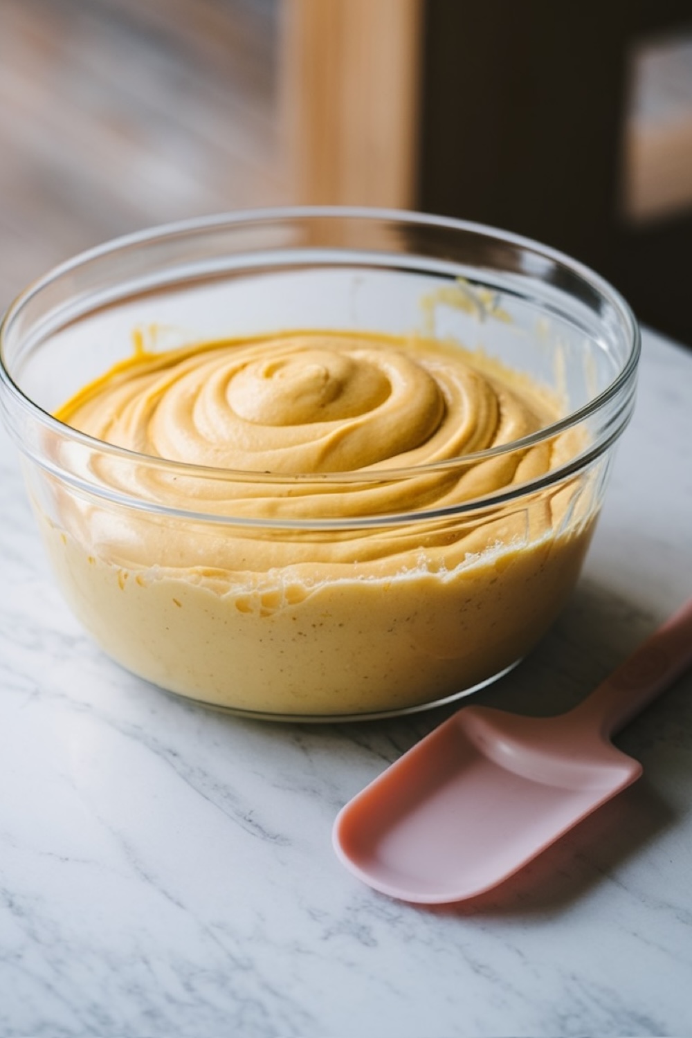 A glass bowl filled with creamy golden-yellow frosting on a marble surface, accompanied by a pink spatula.