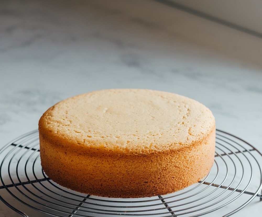 A single, perfectly baked golden cake layer resting on a wire rack over a marble countertop.