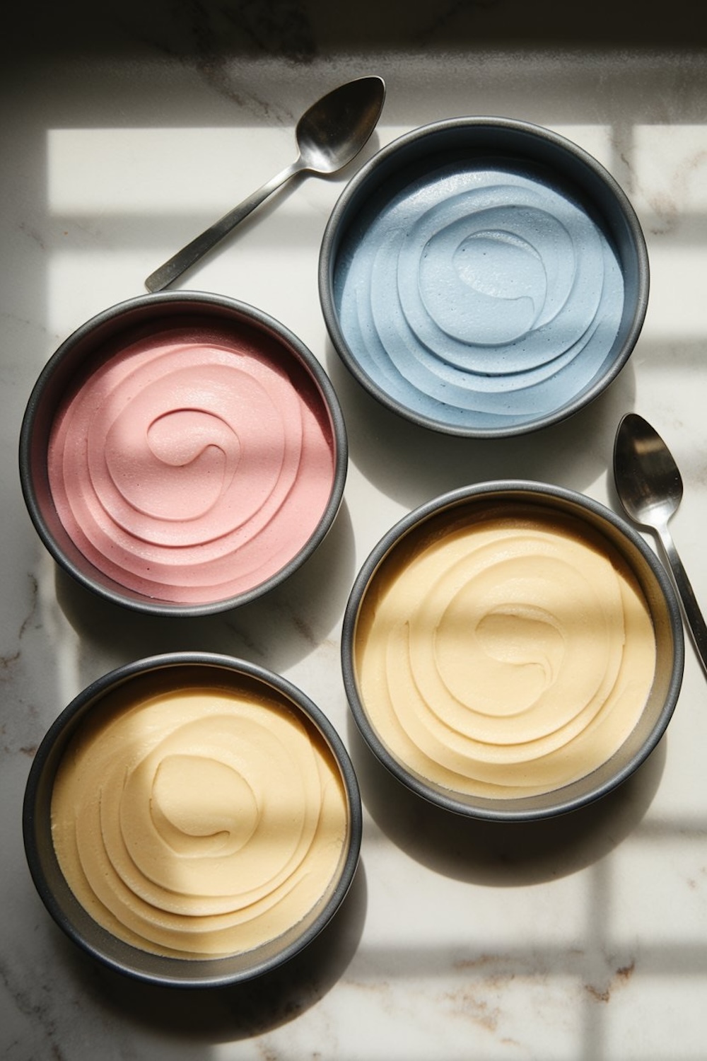 Four round baking tins filled with smooth swirls of pastel-colored cake batter in pink, blue, and two shades of yellow, with spoons placed beside them on a sunlit marble surface.