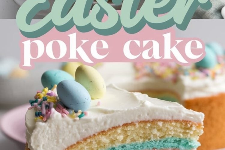 Top: A frosted Easter poke cake decorated with pastel candy eggs, sprinkles, and piped white frosting, displayed on a white cake stand. Bottom: A close-up of a slice revealing colorful layered pastel cake inside.