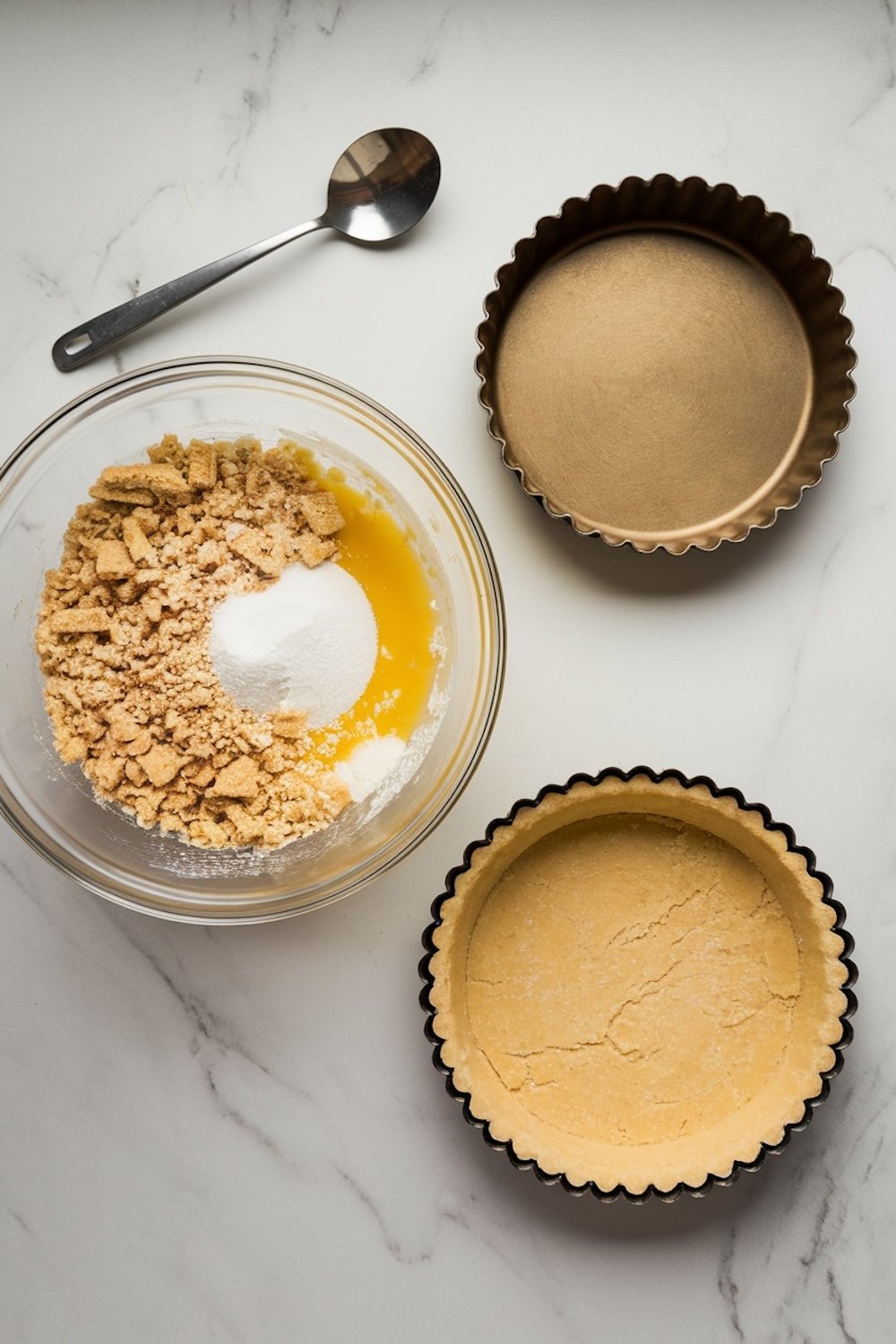 Preparation of the tart crust: a glass bowl containing crushed graham crackers, sugar, and melted butter, next to two empty tart pans. The ingredients and tools are arranged on a clean marble surface.
