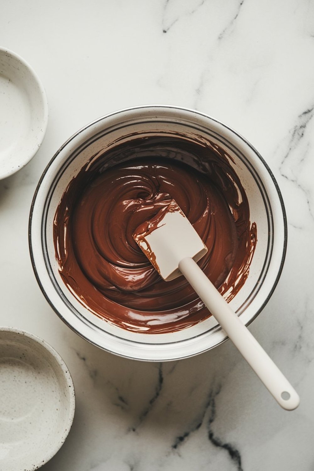 Close-up of a bowl filled with melted chocolate, swirled smoothly, with a white silicone spatula resting inside. The bowl is placed on a marble countertop with white ceramic dishes in the background.