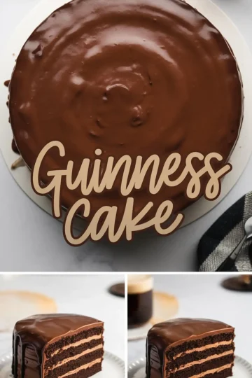 A rich Guinness chocolate cake covered in glossy chocolate ganache sits on a white plate. The text “Guinness Cake” overlays the image in elegant script. Below, two slices of the layered cake reveal moist chocolate sponge with creamy chocolate filling, drizzled with ganache. A cup of dark stout beer is in the background.