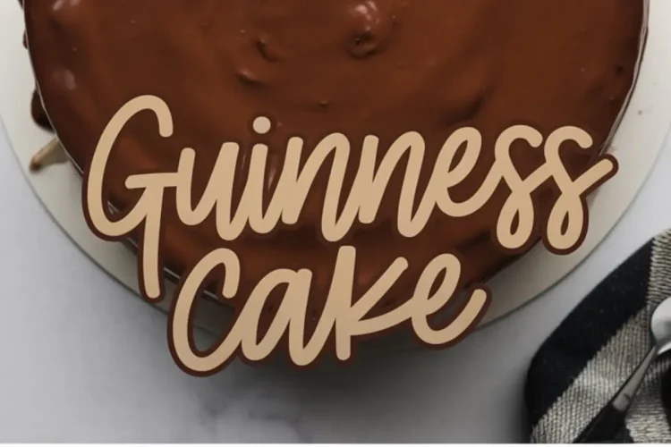 A rich Guinness chocolate cake covered in glossy chocolate ganache sits on a white plate. The text “Guinness Cake” overlays the image in elegant script. Below, two slices of the layered cake reveal moist chocolate sponge with creamy chocolate filling, drizzled with ganache. A cup of dark stout beer is in the background.
