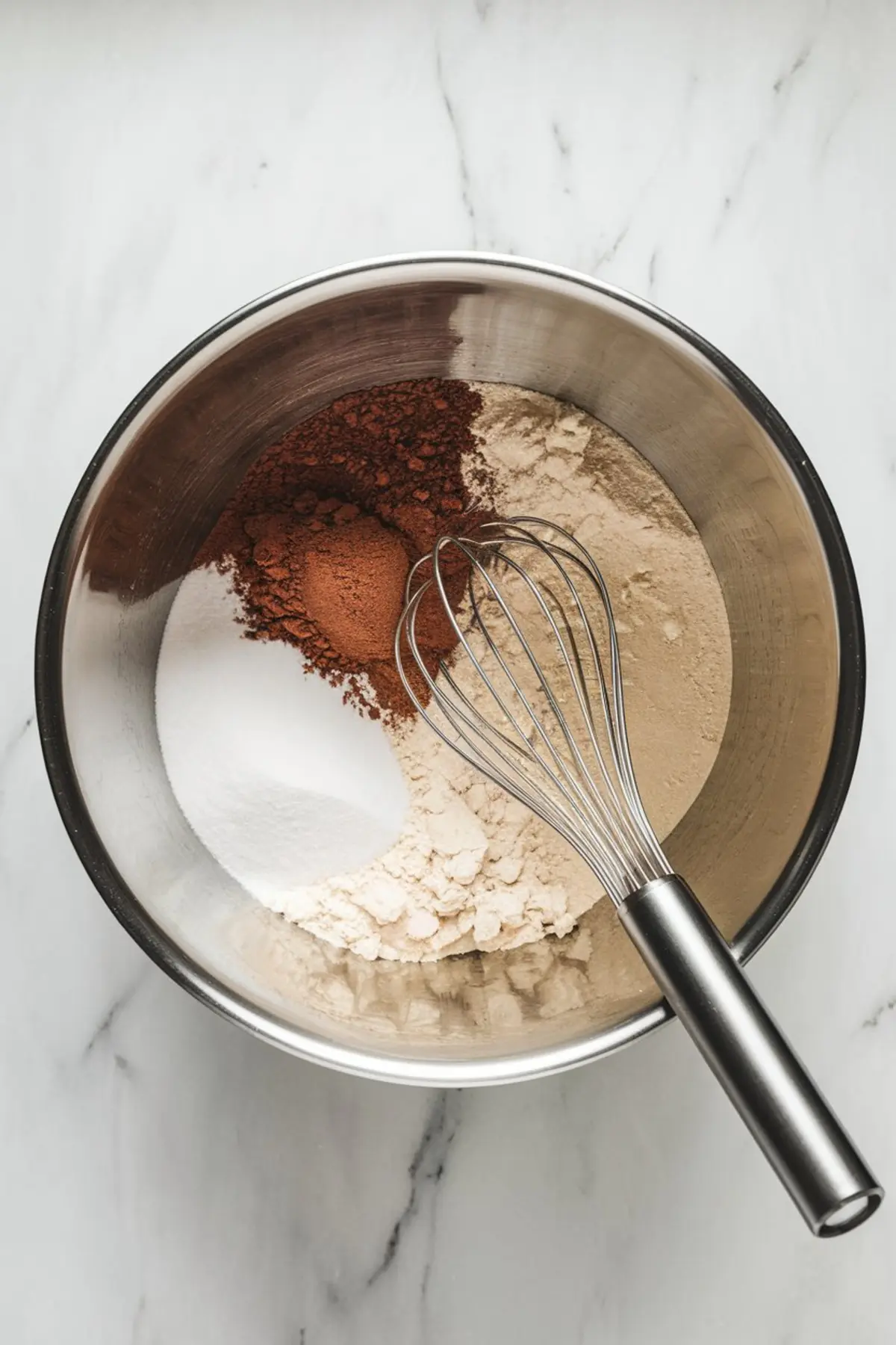 A stainless steel mixing bowl contains dry ingredients for chocolate cake, including flour, sugar, and cocoa powder. A metal whisk rests inside, ready to mix the ingredients. The white marble countertop provides a clean backdrop.