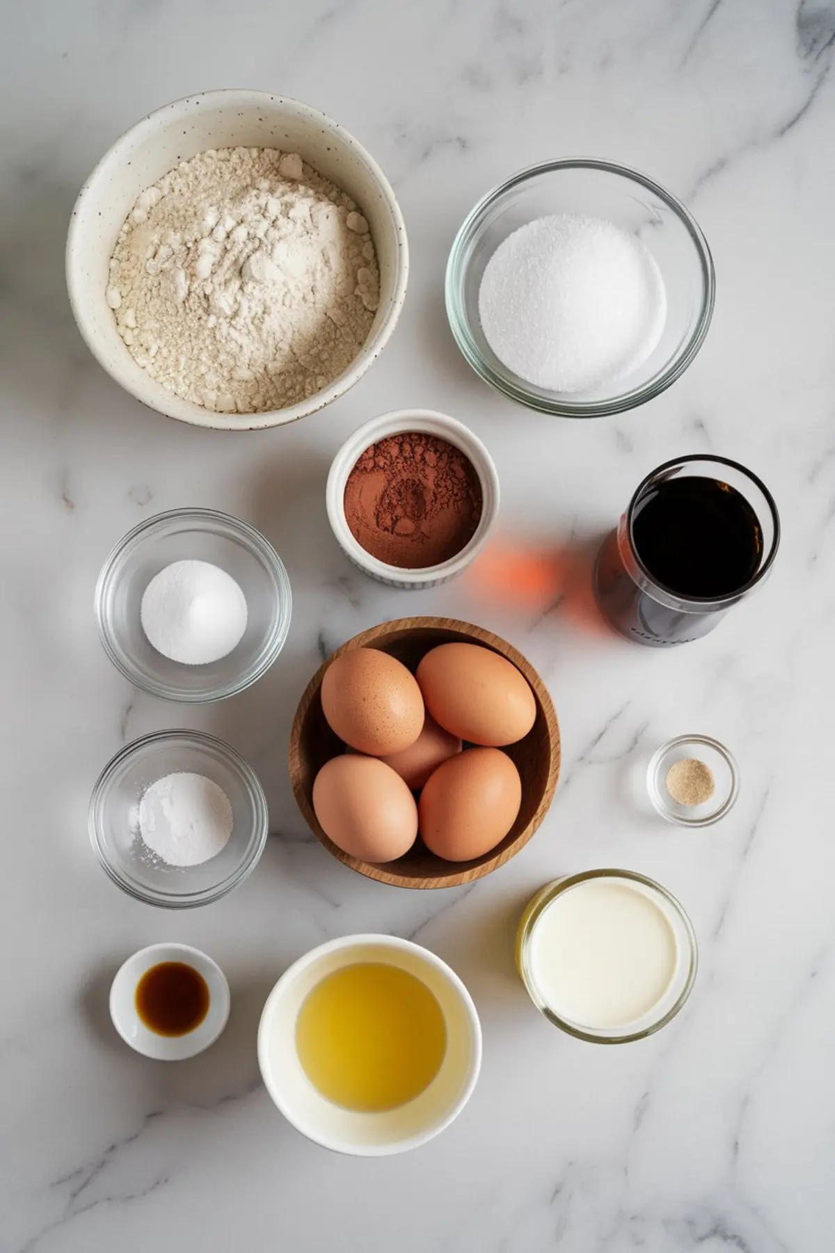 An assortment of ingredients for Guinness chocolate cake is displayed on a marble surface. Small bowls hold flour, sugar, cocoa powder, eggs, vanilla extract, baking soda, and leavening agents. A glass of dark stout beer and a cup of buttermilk are also included.