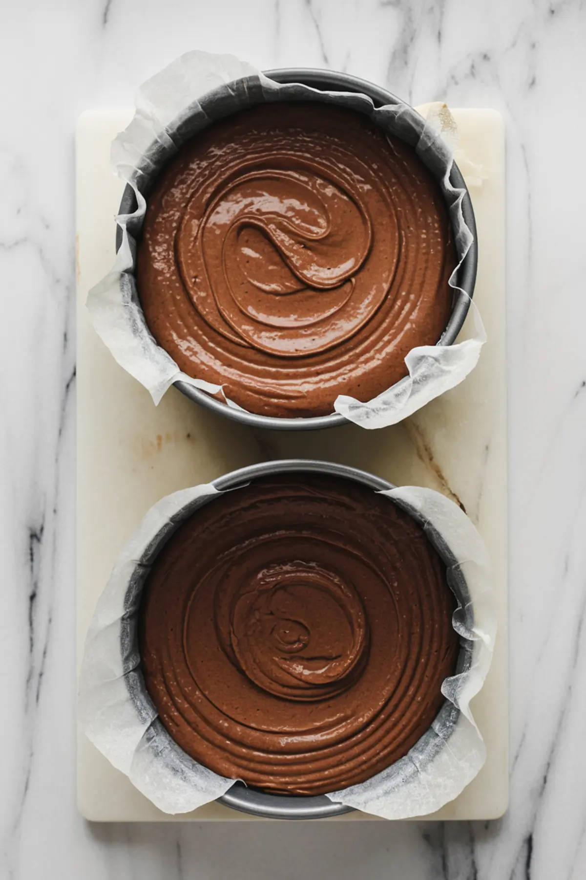 Two round cake pans filled with smooth chocolate cake batter rest on a marble cutting board. The parchment-lined pans show the batter’s rich, dark color with delicate swirls on the surface before baking.