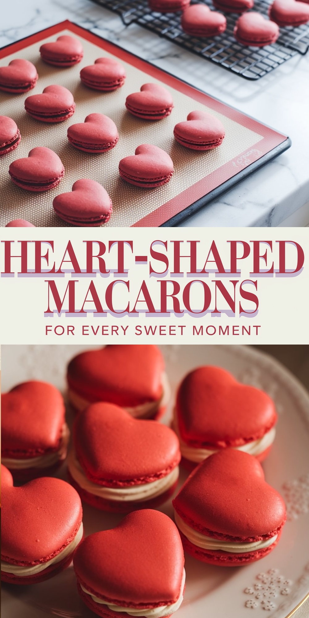 A collage of heart-shaped macarons. The top section displays macarons on a silicone mat and a cooling rack in a bright kitchen. The middle features text reading “Heart-Shaped Macarons - For Every Sweet Moment.” The bottom section shows a close-up of macarons stacked on a plate, highlighting their smooth texture and creamy filling.