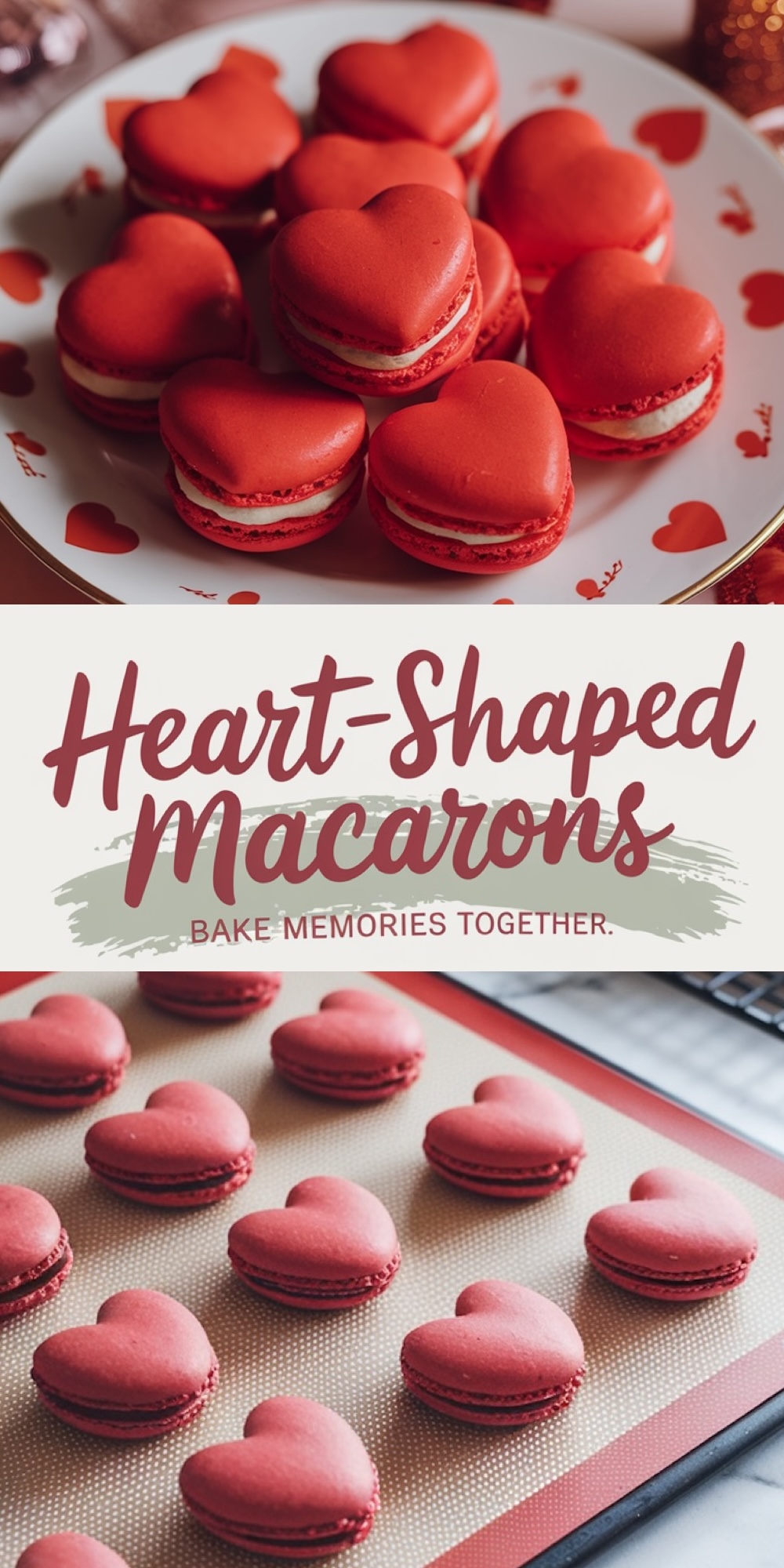 A collage featuring heart-shaped macarons. The top section shows a close-up of bright red macarons with creamy white filling arranged on a white plate decorated with red heart designs. The middle features stylized text reading “Heart-Shaped Macarons - Bake Memories Together.” The bottom section displays a baking sheet with heart-shaped macarons resting on a silicone mat, fresh from the oven.