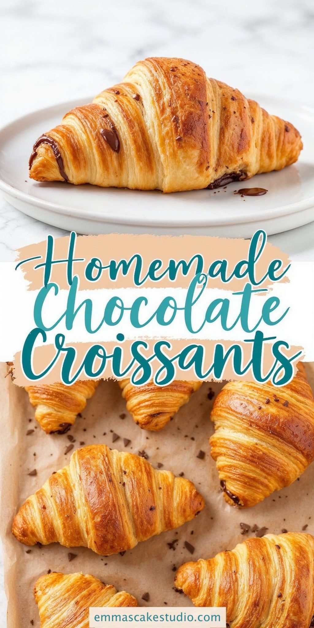 A collage featuring chocolate croissants: the top image showcases a single flaky croissant with melted chocolate filling peeking out, while the bottom image displays several croissants arranged on parchment paper, sprinkled with chocolate shavings. The text overlay reads “Homemade Chocolate Croissants.”