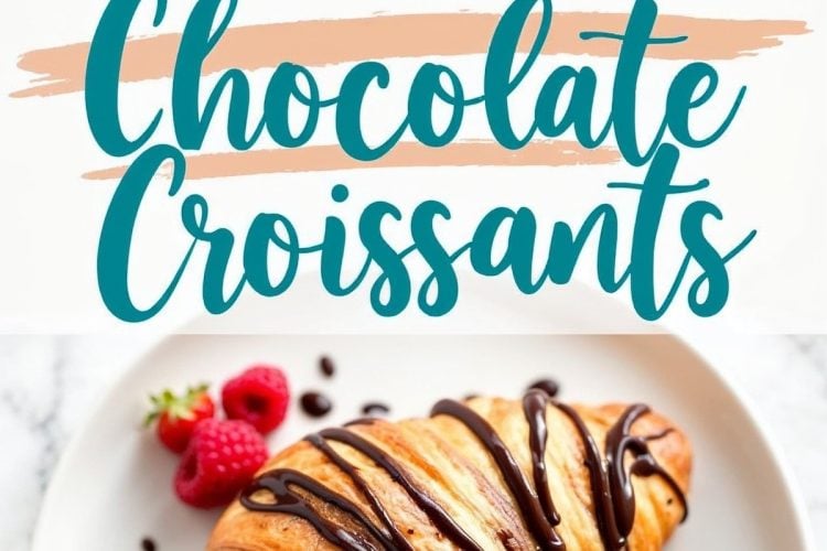A collage featuring homemade chocolate croissants: the top image shows a single flaky croissant drizzled with rich chocolate sauce on a white surface, while the bottom image highlights a croissant plated with fresh raspberries and additional chocolate drizzle. The text overlay reads “Homemade Chocolate Croissants.”