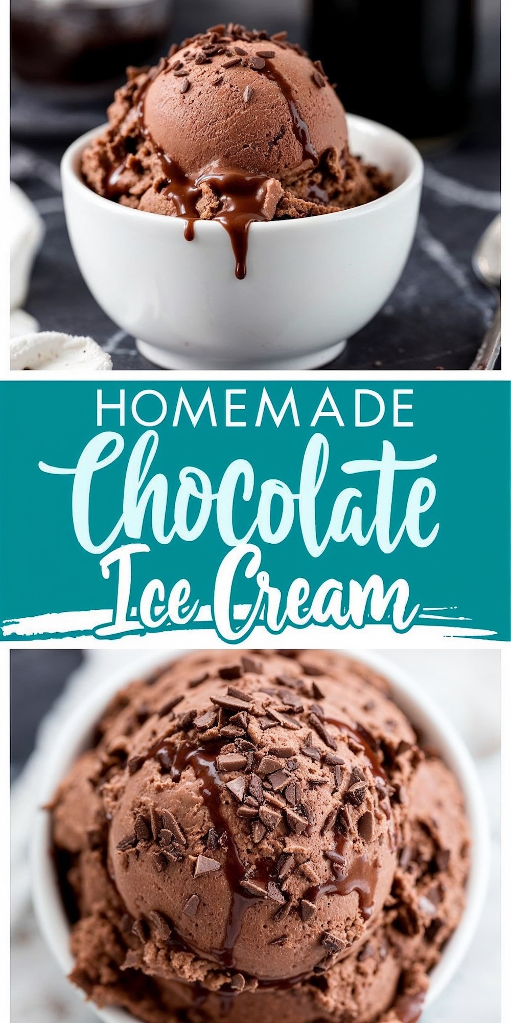 A creamy chocolate ice cream scoop in a white bowl, topped with chocolate shavings and drizzled with chocolate sauce. The text “Homemade Chocolate Ice Cream” is styled in bold lettering between images.