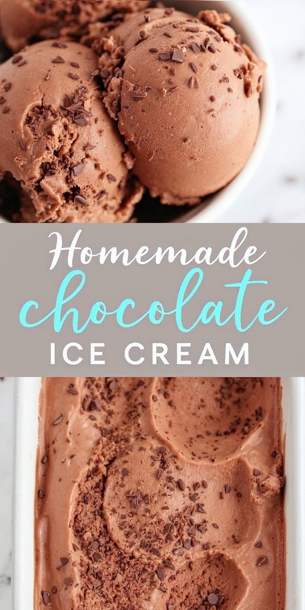 A bowl of chocolate ice cream topped with chocolate flakes next to a container of freshly scooped chocolate ice cream. Decorative text reads “Homemade Chocolate Ice Cream” in light blue and white.