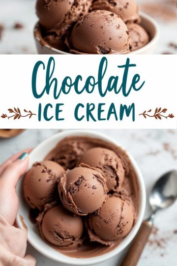A close-up image of smooth, creamy chocolate ice cream scoops served in a bowl, with the text “Chocolate Ice Cream” written in a decorative font. The background includes scattered chocolate pieces and a spoon.