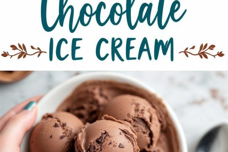 A close-up image of smooth, creamy chocolate ice cream scoops served in a bowl, with the text “Chocolate Ice Cream” written in a decorative font. The background includes scattered chocolate pieces and a spoon.