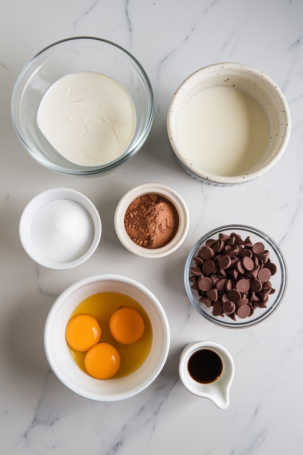 A flat-lay image showing chocolate ice cream ingredients. Includes heavy cream, milk, sugar, cocoa powder, chocolate chips, egg yolks, and vanilla extract, all arranged in separate bowls on a white marble surface.
