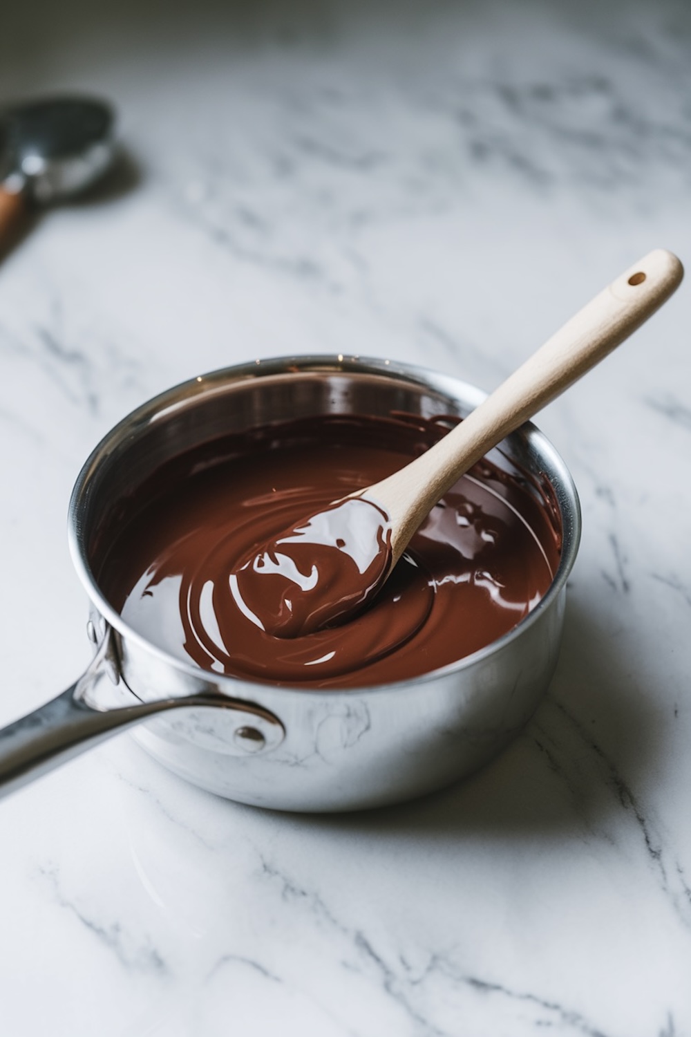 A close-up view of melted chocolate being stirred with a wooden spatula in a stainless steel saucepan on a marble countertop. The chocolate appears glossy and smooth.