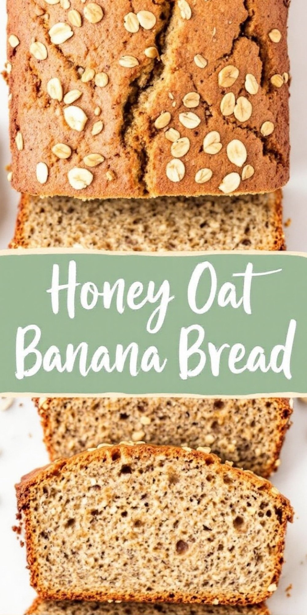 A collage highlighting slices and a whole loaf of honey oat banana bread. The oat-topped crust and fluffy banana-speckled interior are showcased alongside bold green and white text stating “Honey Oat Banana Bread.”