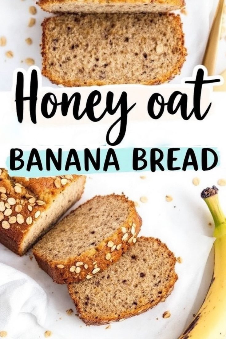 A collage of honey oat banana bread showing close-up views of sliced bread and the loaf. The crust is topped with oats, and the interior shows a moist, banana-speckled texture. Text with the recipe title is included.