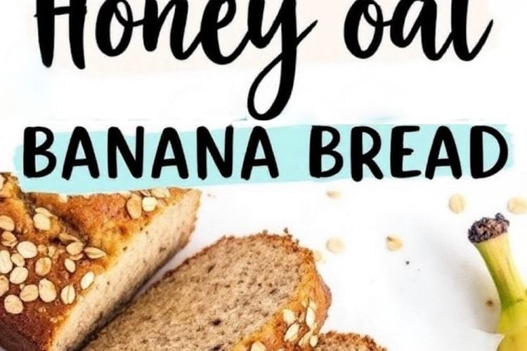 A collage of honey oat banana bread showing close-up views of sliced bread and the loaf. The crust is topped with oats, and the interior shows a moist, banana-speckled texture. Text with the recipe title is included.