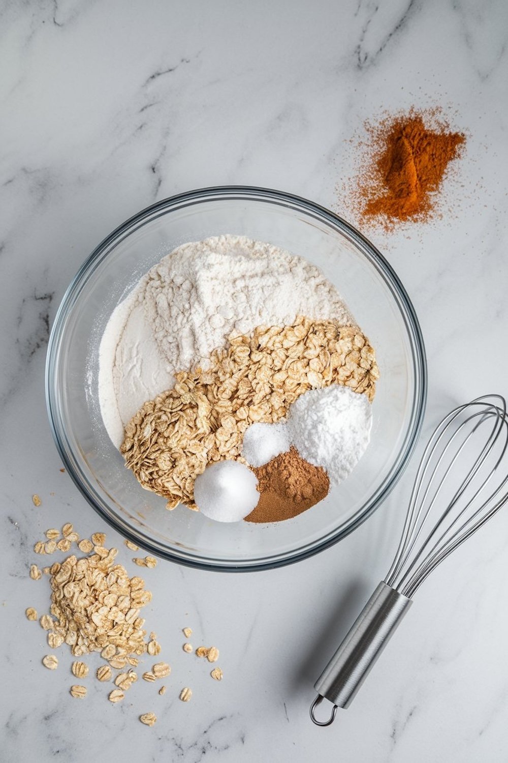 A glass bowl containing dry ingredients for banana bread, including all-purpose flour, rolled oats, sugar, baking soda, cinnamon, and salt. A whisk and scattered oats are placed around the bowl on a white marble surface.