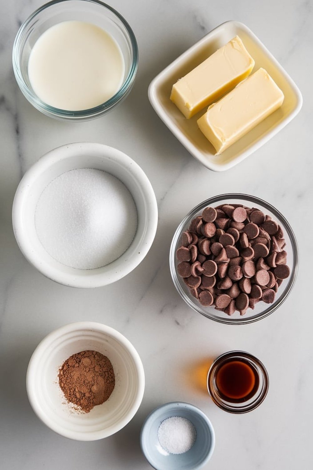 Flat lay of ingredients for hot fudge sauce on a marble countertop, including milk, butter, sugar, chocolate chips, cocoa powder, vanilla extract, and a pinch of salt, all in separate bowls.